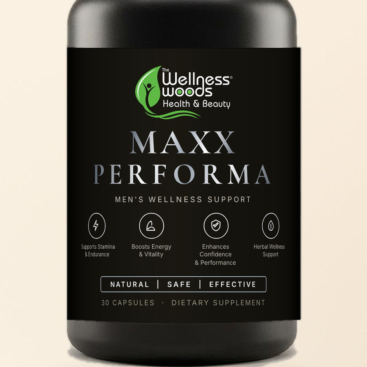 Maxx Performa label detail — silver foil lettering on matte black