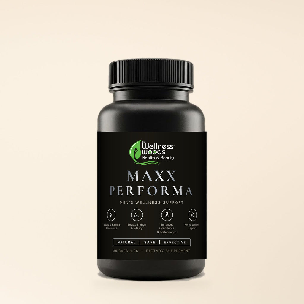 Maxx Performa men's wellness capsules — matte black bottle with silver foil label, 30 capsules