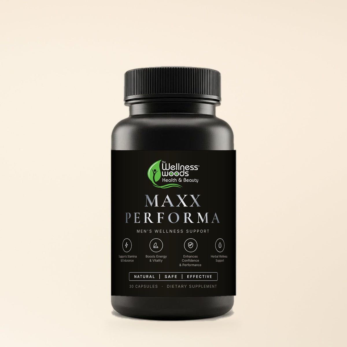 Maxx Performa men's wellness capsules — matte black bottle with silver foil label, 30 capsules