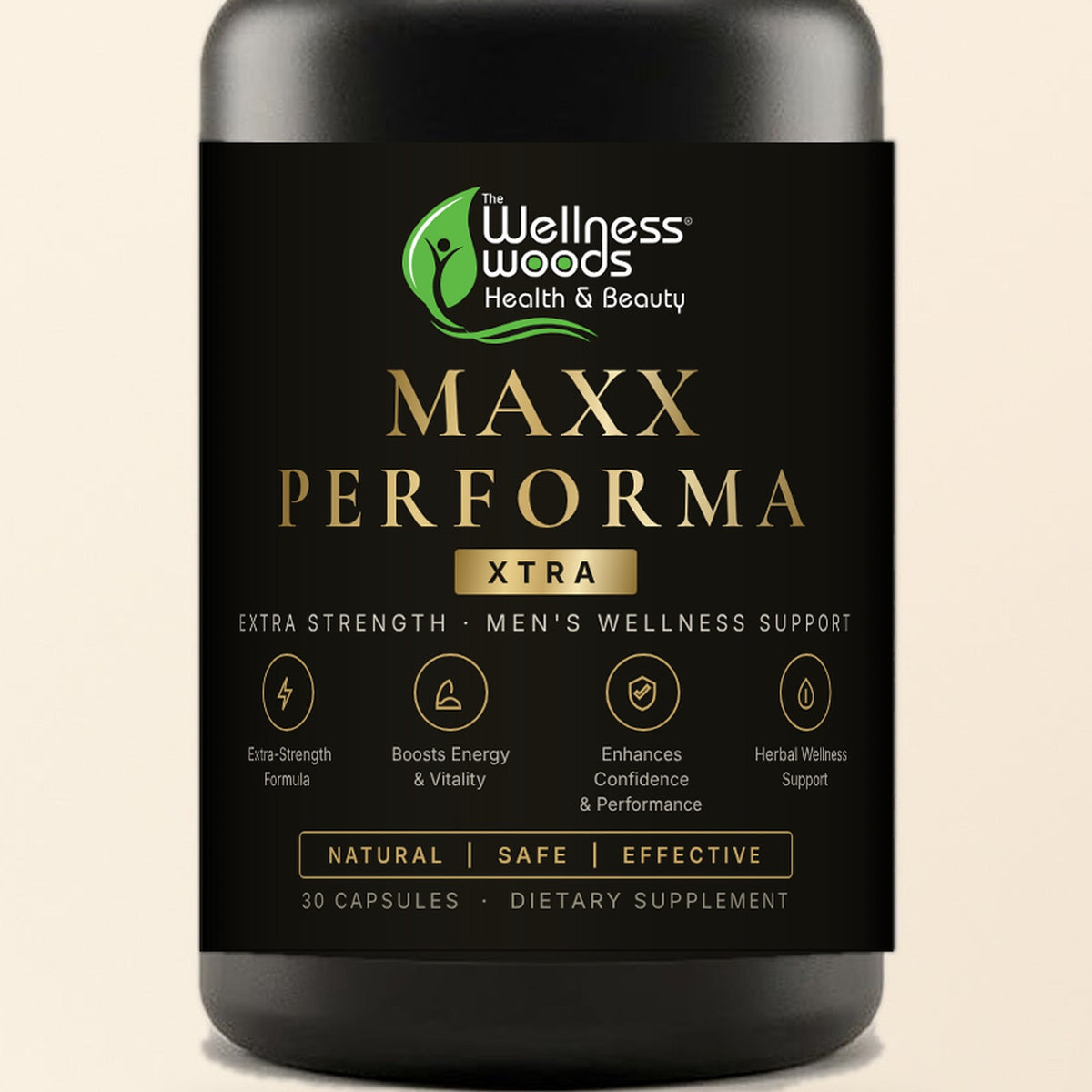 Maxx Performa XTRA label detail — gold foil lettering on matte black