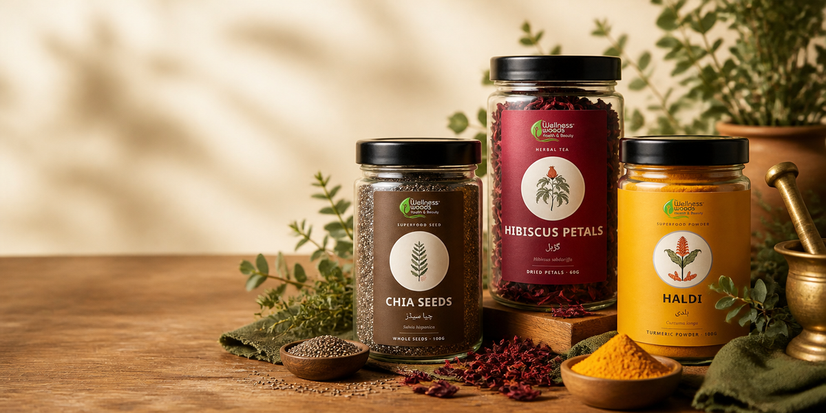 The Wellness Woods homepage hero — herbal jars and ingredients on warm wood